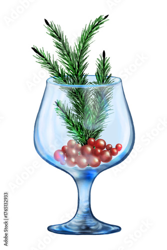 Winter cocktail glass arrangement. Blue glass filled with pine branches and red berries creating a festive Christmas still life with winter holiday decoration elements and natural evergreen details