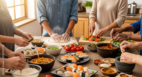 Diverse group of people cooking various dishes like sushi, pizza, and fresh ingredients in a bright kitchen. Culinary workshop or cooking class.
