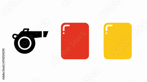 A black whistle and a red and yellow card, symbolizing sports officiating and penalties.