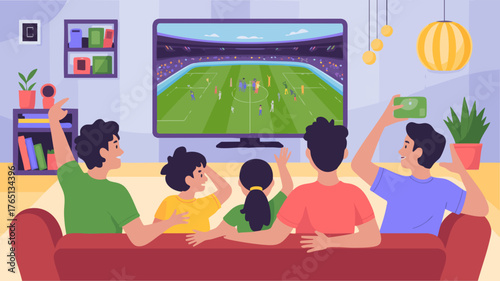 Family watching a soccer game on TV in the living room, cheering.