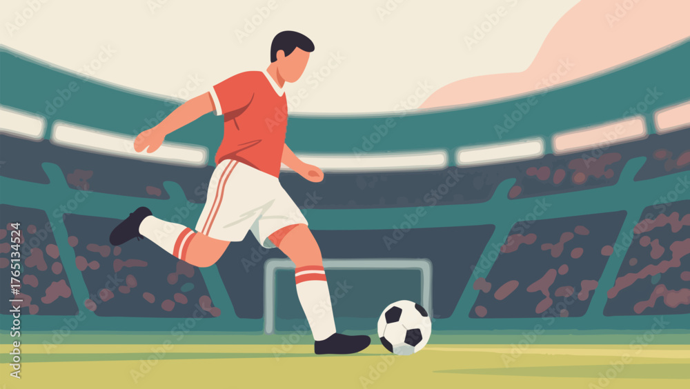 Fototapeta premium An illustration of a male soccer player kicking a ball on a green field inside a large stadium.