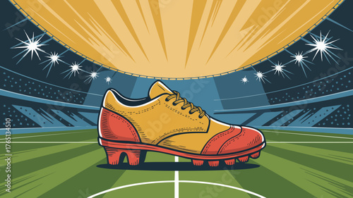 A detailed illustration of a soccer cleat on a green field inside a stadium.