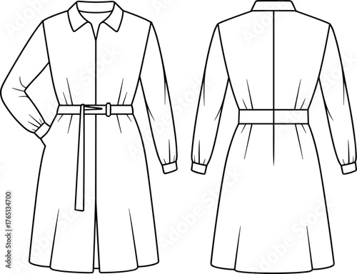 Elegant long sleeve belted trench dress fashion technical flat sketch front and back view, detailed apparel CAD vector illustration design