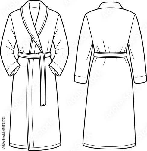 Classic long sleeve bathrobe with belt front and back technical flat fashion sketch, detailed apparel CAD vector illustration design