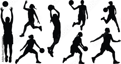Silhouette collection of female basketball players in dynamic action poses dribbling, shooting, jumping, and passing ball for sports vector design