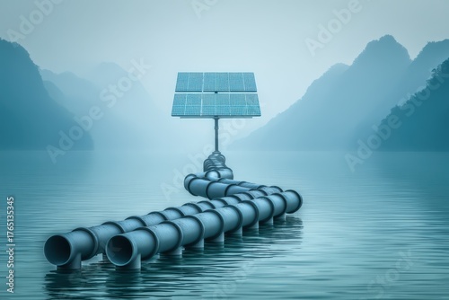 Innovative Renewable Energy System Featuring Solar Panels and Waterway Infrastructure Enhancing Sustainable Practices in Clean Technology captured with clarity