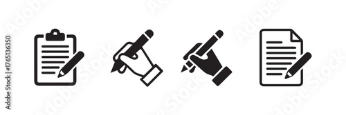 clipboard and pencil writing icons hand holding pencil note taking and editing vector symbols for education and office use