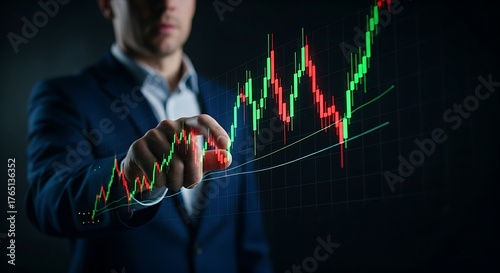 Market sentiment analysis concept. A trader's hand points to a holographic stock chart where the line is colored green (bullish/greed) and red (bearish/fear).