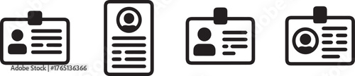 black and white id badge and profile document icons set minimal vector for identity and resume illustrations