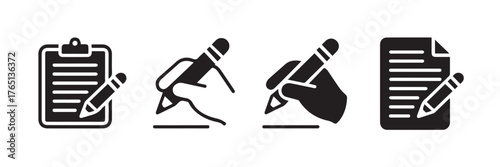 black and white writing and note icons pencil clipboard hand sketch document symbols for editorial and content design