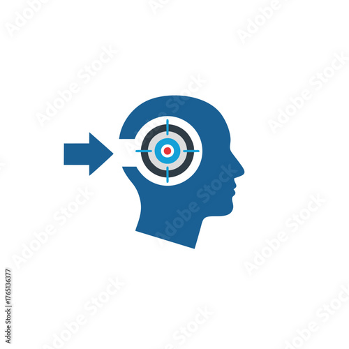 Abstract graphic of a blue human head silhouette with a target symbol superimposed on the forehead, representing focus and goals