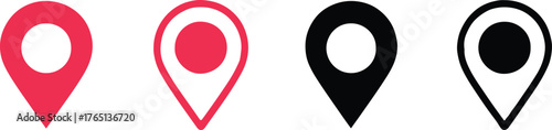 modern location pin icon set four styles solid and outline red and black vector markers for maps navigation