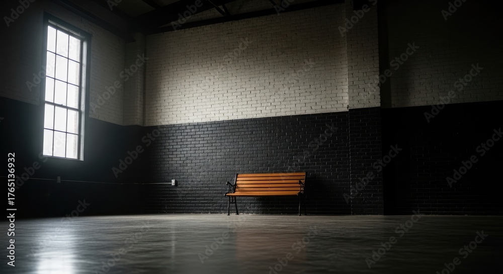 Fototapeta premium Empty interior space featuring a bench, window, and contrasting wall colors.