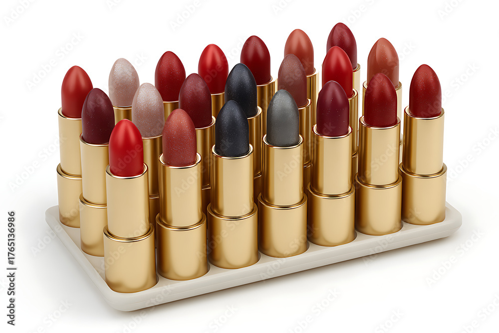 Obraz premium A collection of vibrant lipsticks in various shades, perfect for beauty, fashion, and makeup branding or advertising campaigns, with gold tubes