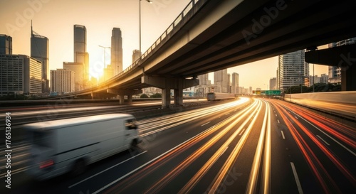 Busy highway with blurred vehicle streaks under an overpass near cityscape