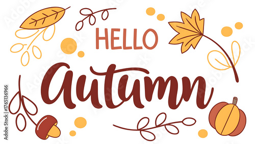 A cartoon illustration of hello autumn with leaves pumpkin and branches on a white background design