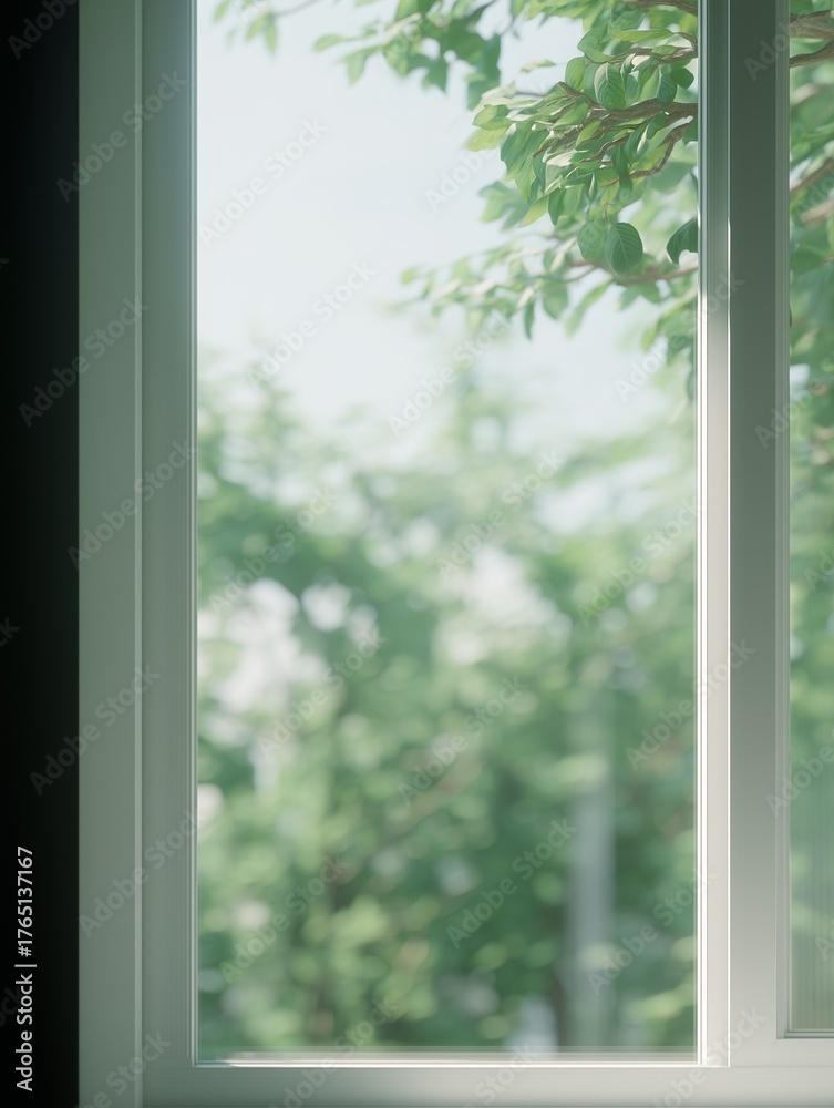 Fototapeta premium sunlight through window with green leaves outside