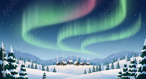 Winter Village Under the Northern Lights Cartoon Landscape