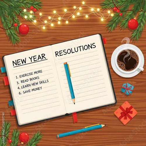 New Year Resolutions List with Coffee and Holiday Decorations
