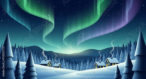 Winter Wonderland Aurora Borealis Landscape Illustration