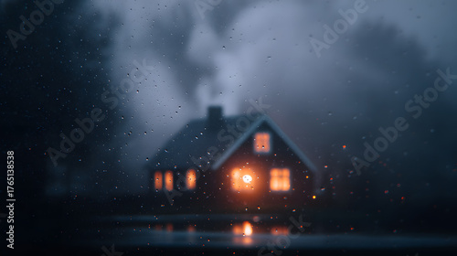 Wallpaper Mural Cozy Cabin in the Mist: A rustic cabin, illuminated by warm inviting light, nestled in a misty, atmospheric landscape evoking a sense of tranquility and seclusion. Torontodigital.ca