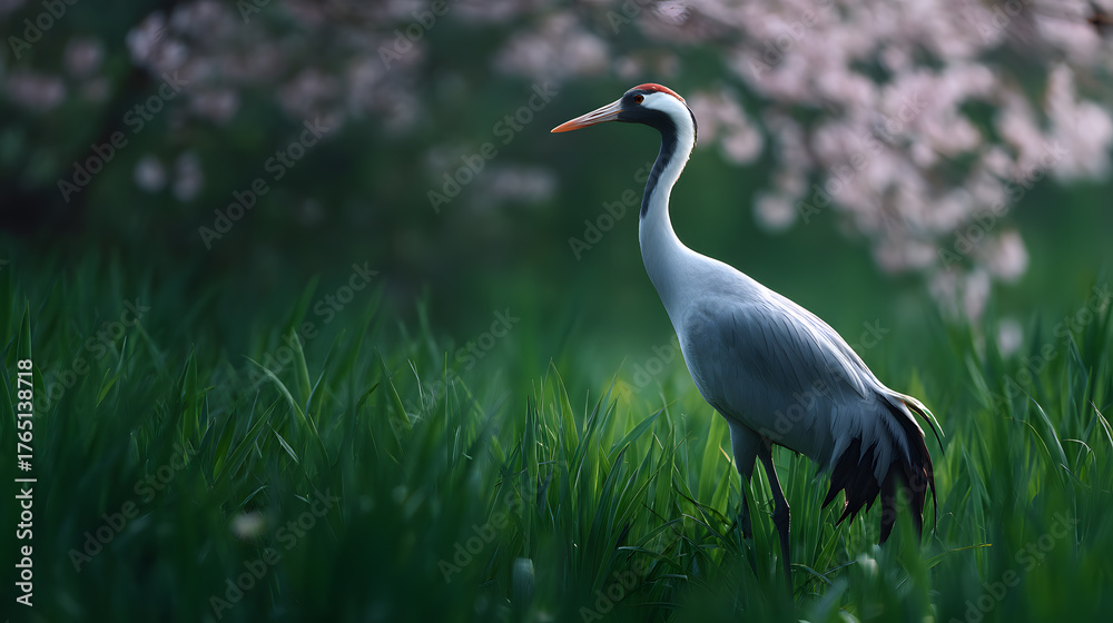 Obraz premium Elegant Crane in Meadow: A solitary crane with graceful neck and long legs strides confidently through a vibrant green meadow, its presence enhanced by a blossoming tree.