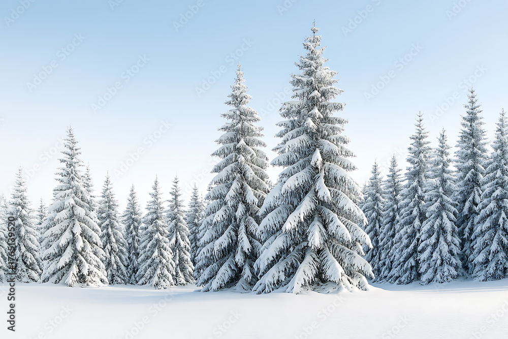 Fototapeta premium Dreamy winter wonderland scene of snow-covered pine trees against a clear blue sky, perfect for holiday cards or seasonal backgrounds