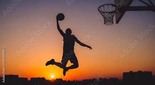 Basketball player dunking ball during sunset