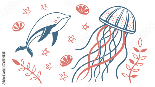Cute cartoon ocean life vector art illustration featuring dolphin jellyfish starfish and sea plants design elements