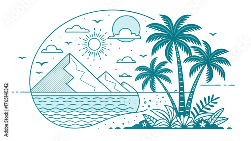 Tropical beach landscape vector illustration with palm trees mountains and ocean line art design scene 100