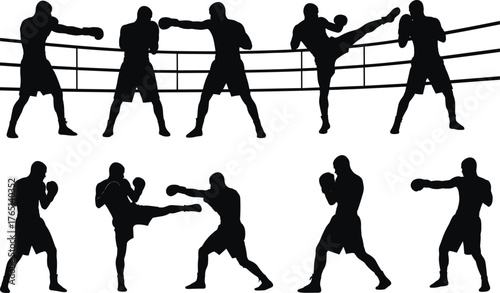 Boxing silhouette, martial arts, kickboxing training, fighter poses, combat sports, boxing ring, self defense, fight scene, athletic movement, fitness