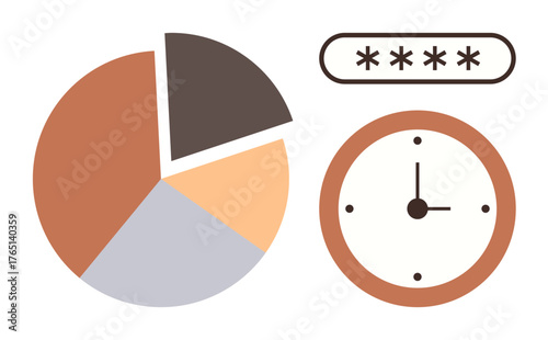 Pie chart, password entry field, and analog clock suggest time tracking, data analysis, and security. Ideal for productivity, efficiency, cybersecurity, scheduling organization planning simple