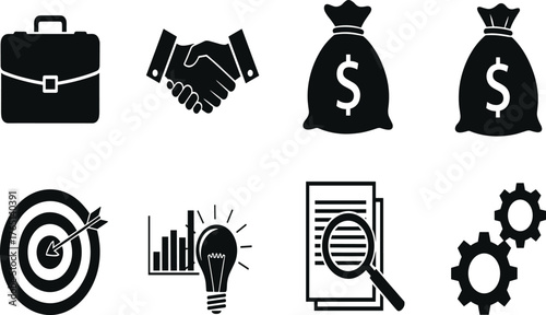 Business icons set, financial symbols, goal setting, innovation, teamwork, money growth, analysis, strategy, partnership, productivity, success, profit, corporate deal, planning, market research, 
