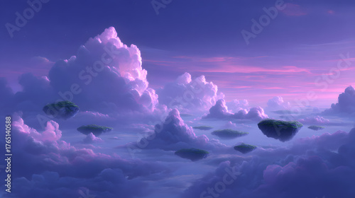 Dreamscape of Floating Islands: Immerse yourself in a serene fantasy landscape of floating islands and a vibrant cloudscape, a scene that evokes wonder, dreams, and endless possibilities.