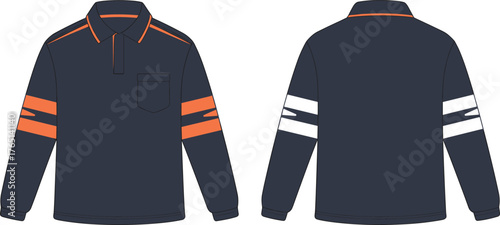 CAD drawing flat vector illustration of long sleeve polo shirt with reflective stripes, workwear uniform, front and back view, apparel design, safety clothing