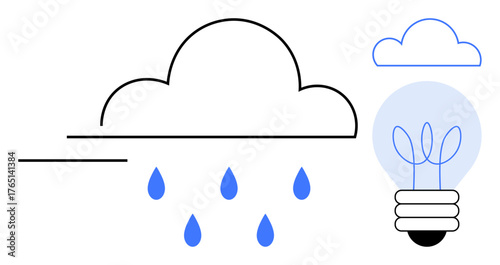 Cloud emits water drops, feeding a glowing light bulb with sprouting plants inside. Ideal for sustainability, ecological innovation, renewable energy, growth, creativity, clean technology, simple