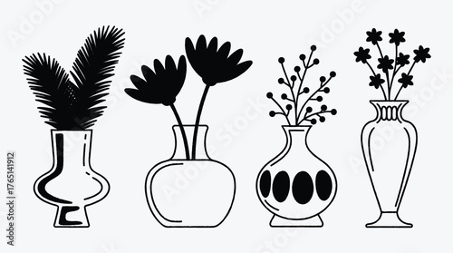 Elegant Floral Arrangement in Decorative Vases Black and White Vector Illustration