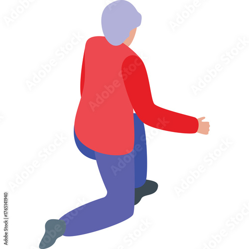 Elderly Person In Red Vest And Blue Pants Kneeling Down With Open Arms Reaching Forward Isolated On White Background Studio Shot