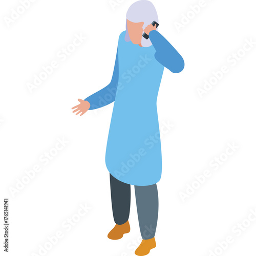 Elderly Person Wearing Light Blue Tunic and Dark Pants Talking on a Mobile Phone with Left Hand and Gesturing with Right Hand