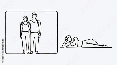 Minimalist illustration of a couple standing together and a person lying down