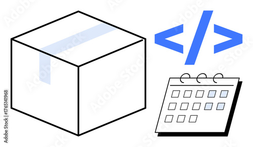 Package box, code brackets, and calendar represent project deployment, programming, and deadlines. Ideal for software planning, coding, logistics, project management teamwork productivity