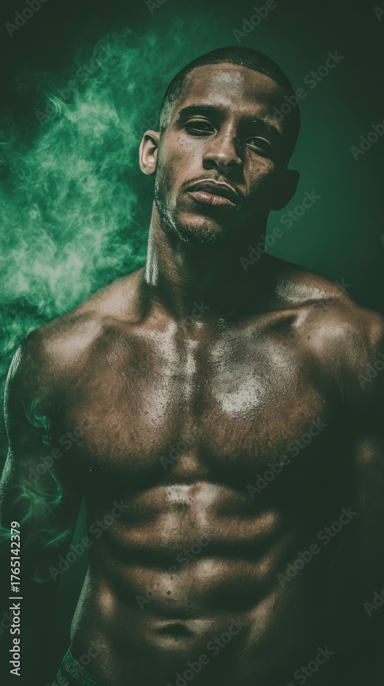 Fototapeta premium Confident Young Man Displaying Muscular Physique with Smoke