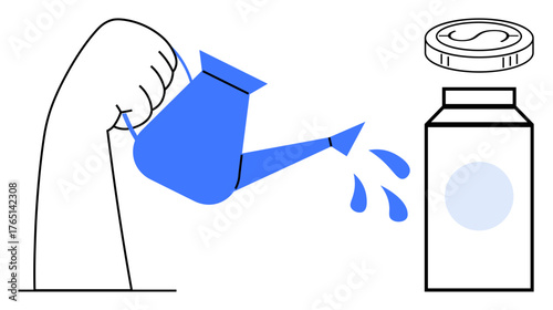 Hand pouring water from a blue watering can into a jar, reflecting growth, nurturing, support, sustainability, creativity, resourcefulness, and care. Ideal for education gardening business