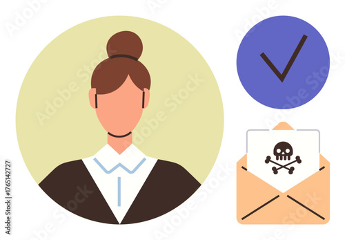 Woman in formal attire, envelope with a skull symbol, and a checkmark. Ideal for cybersecurity, phishing scams, online protection, identity theft, email safety, hacking awareness simple flat
