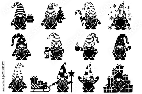 Christmas Gnome Silhouette Bundle | Black Ink Holiday Gnome Vector Set