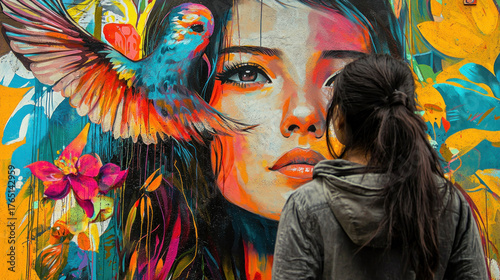 A person views vibrant mural of a woman's face with a bird