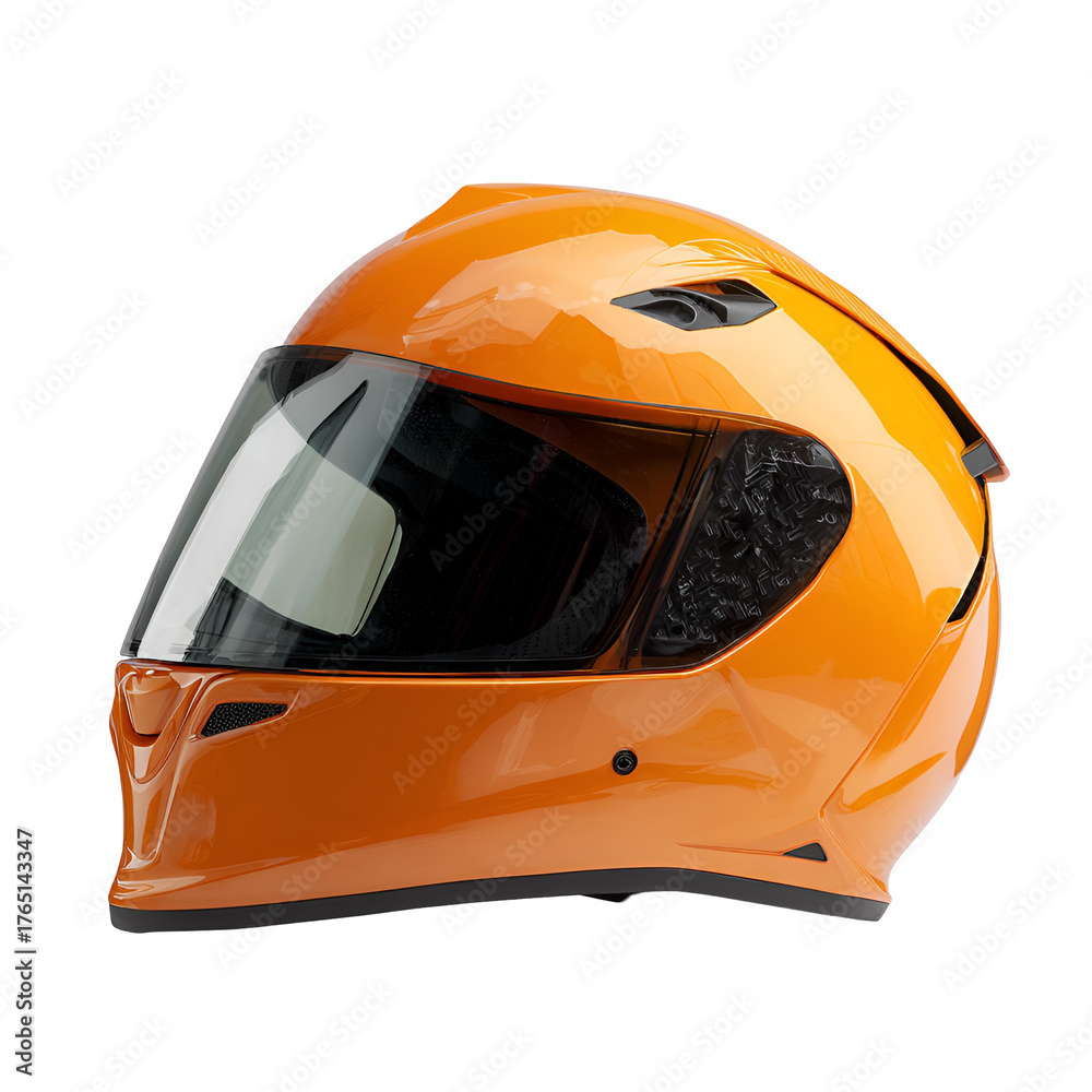Fototapeta premium Bright orange motorcycle helmet with tinted visor on black background