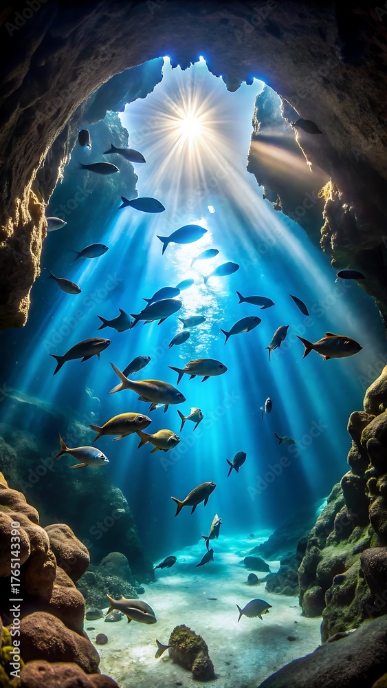 Obraz premium Sunlight streams through underwater cave illuminating a school of fish