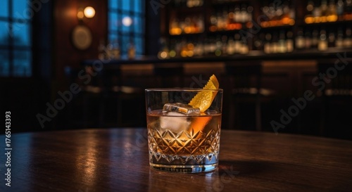 Cocktail on a wooden table in a dimly lit, sophisticated bar setting