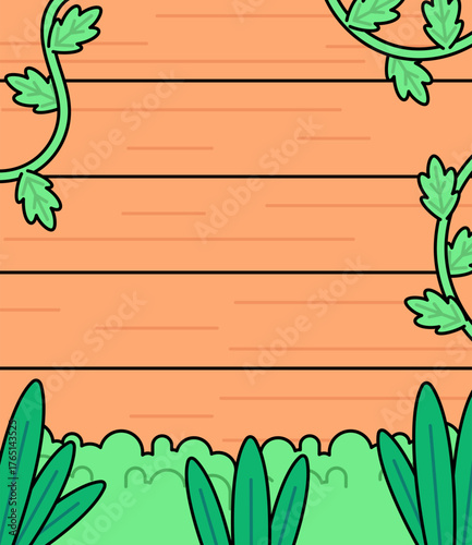 Hand drawn cartoon vector illustration of a garden scene with green plants, leaves, and vines growing around an orange wooden wall background. Perfect for nature themed designs, outdoor scenes
